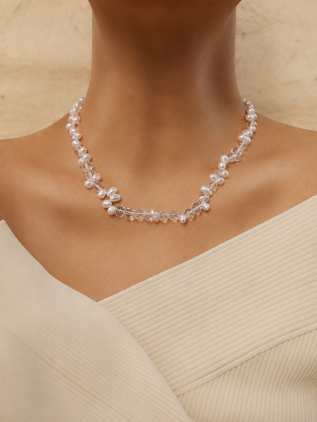 White Crystal Freshwater Pearl Necklace in Sterling Silver