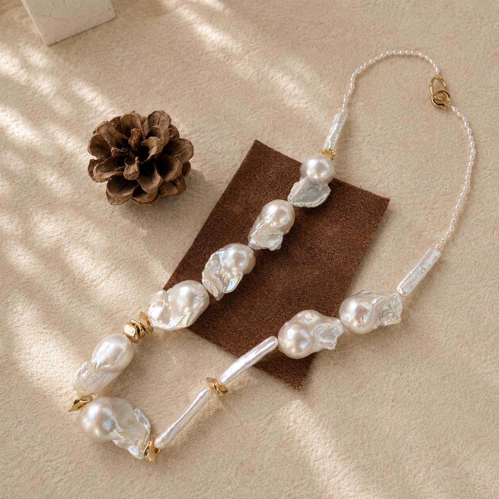 Sculptural Baroque Pearl Necklace in Sterling Silver