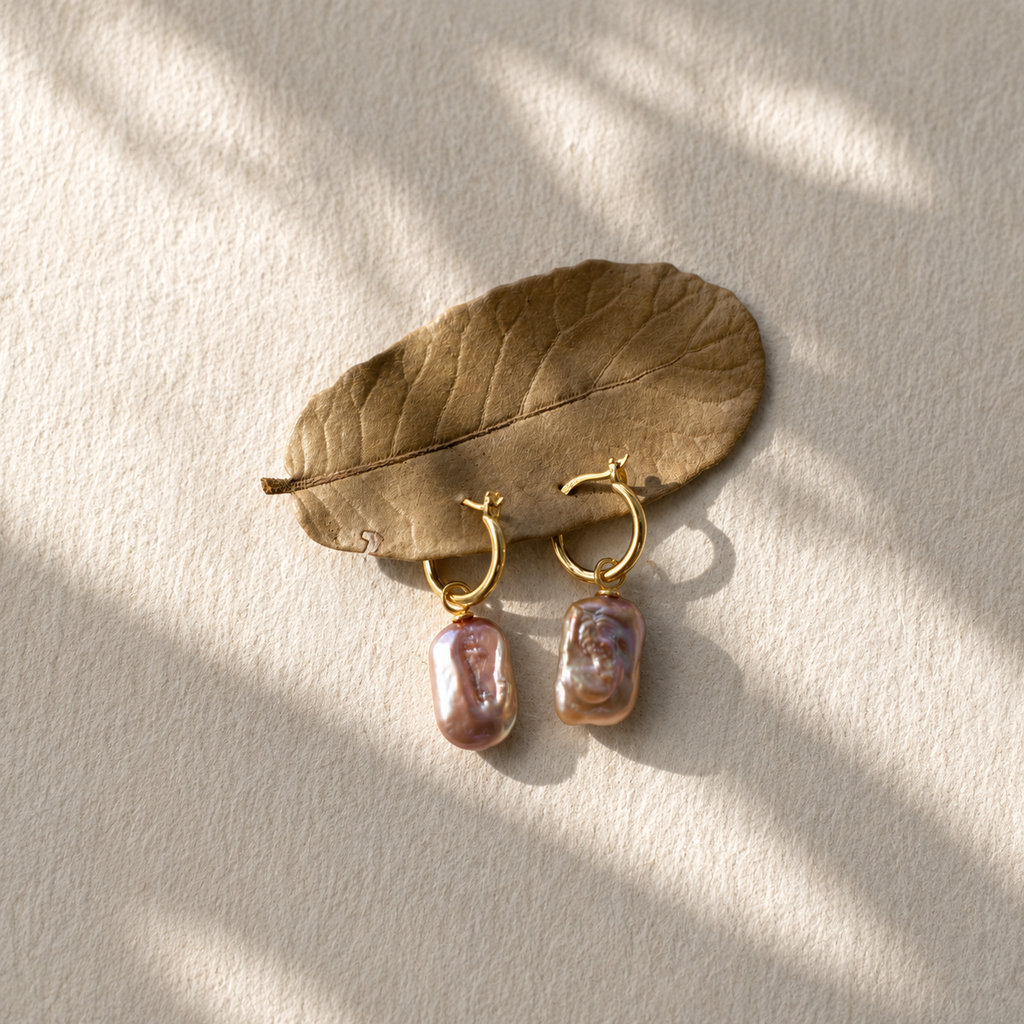 Flat Baroque Pearl Hoop Earrings in Sterling Silver