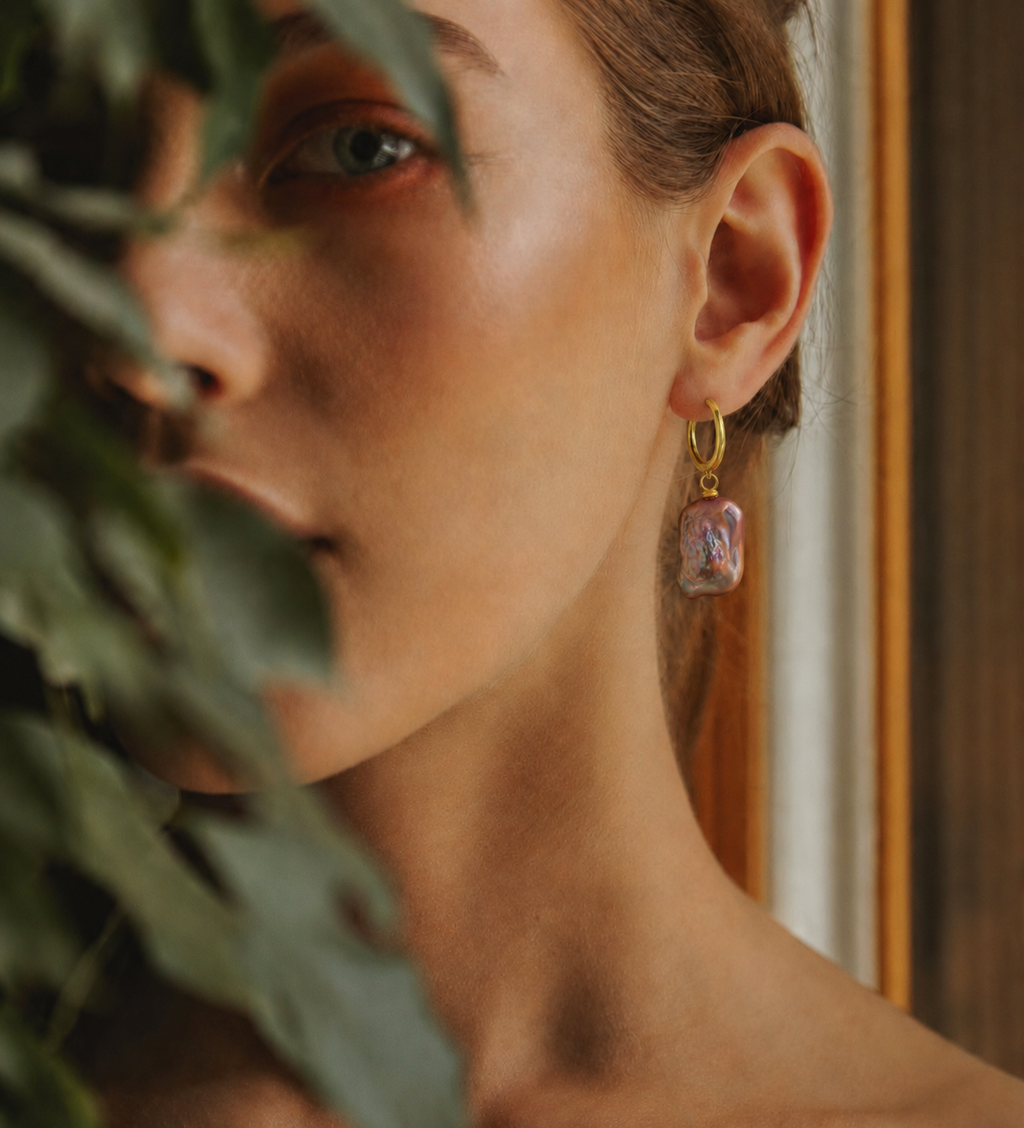 Flat Baroque Pearl Hoop Earrings in Sterling Silver