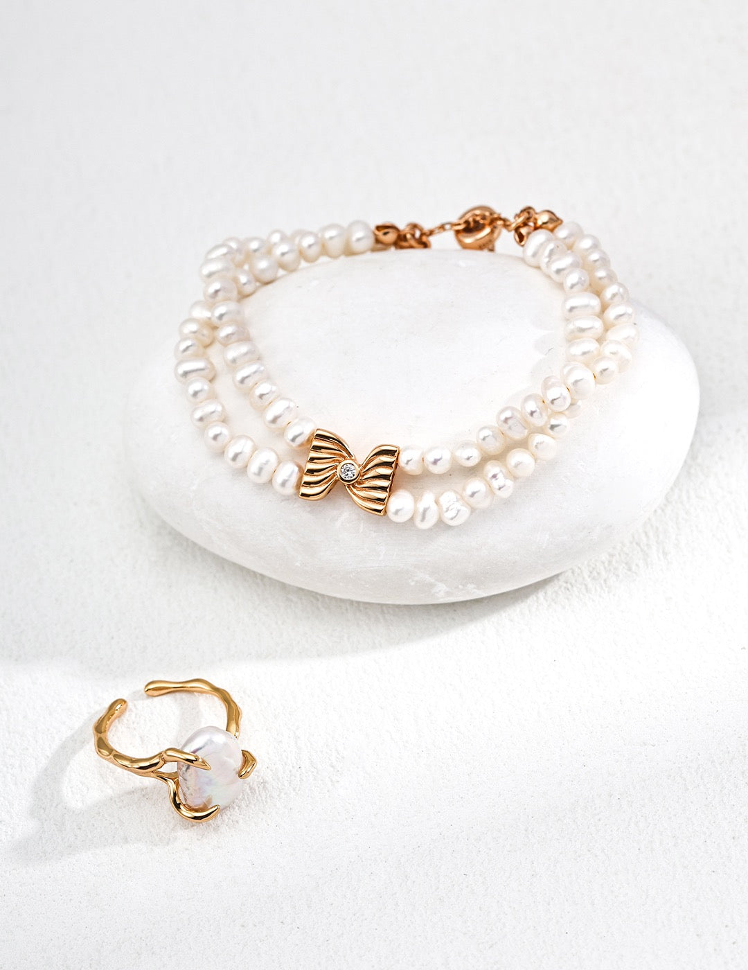 Double Pearl Strand Silver Bracelet with Sculpted Bow Centre