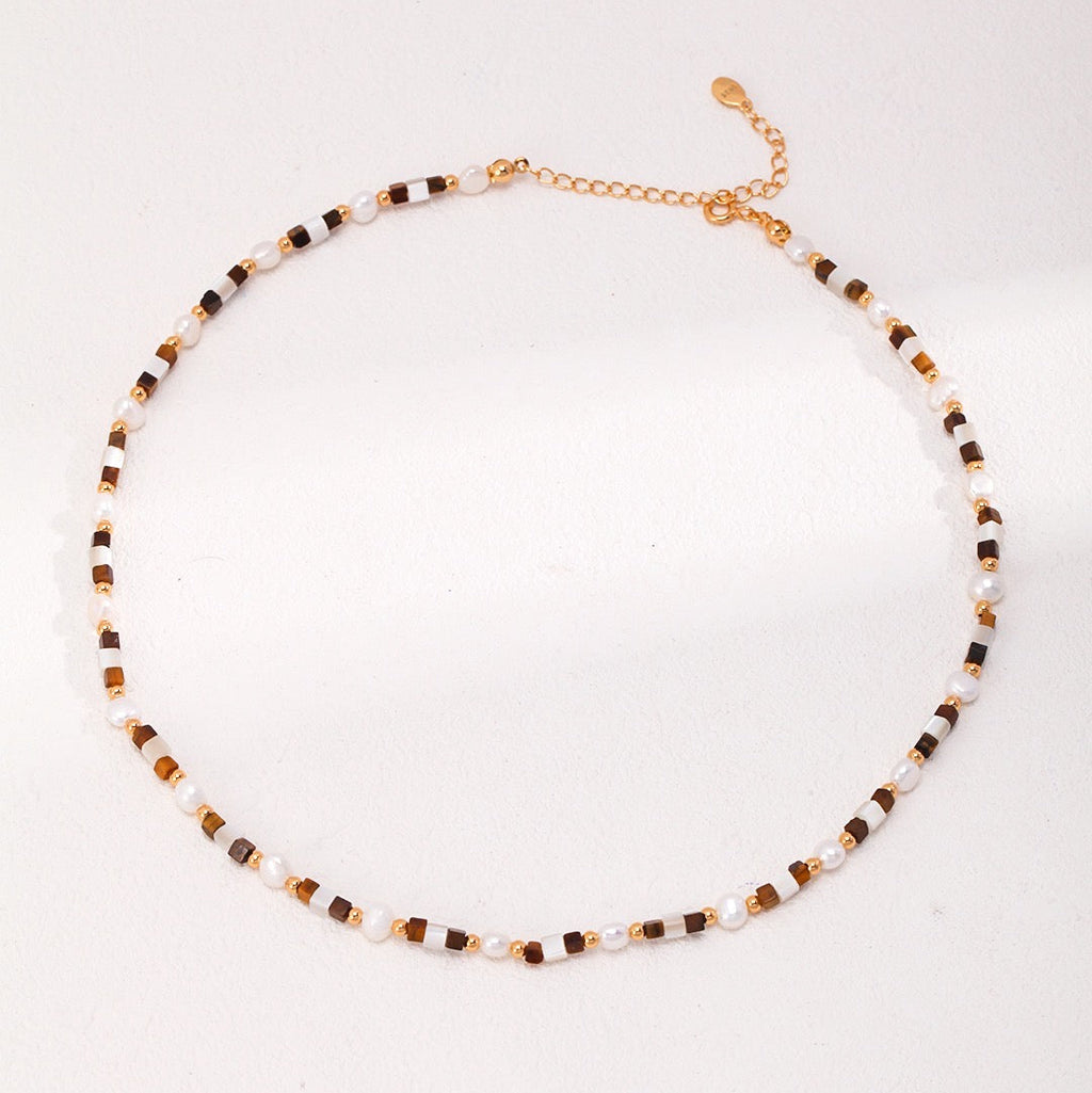 Pearl and Tiger Eye Beaded Necklace in 18K Gold Plated
