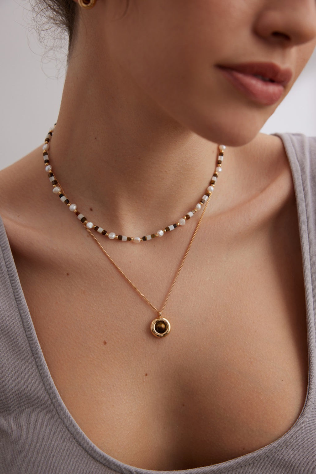 Pearl and Tiger Eye Beaded Necklace in 18K Gold Plated
