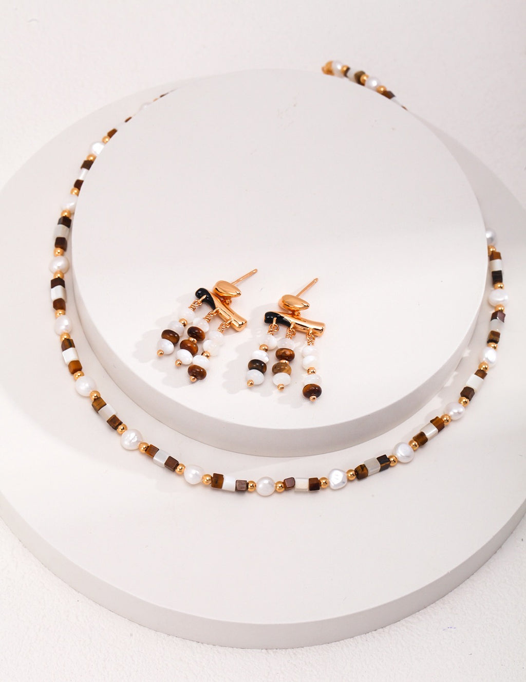 Pearl and Tiger Eye Beaded Necklace in 18K Gold Plated