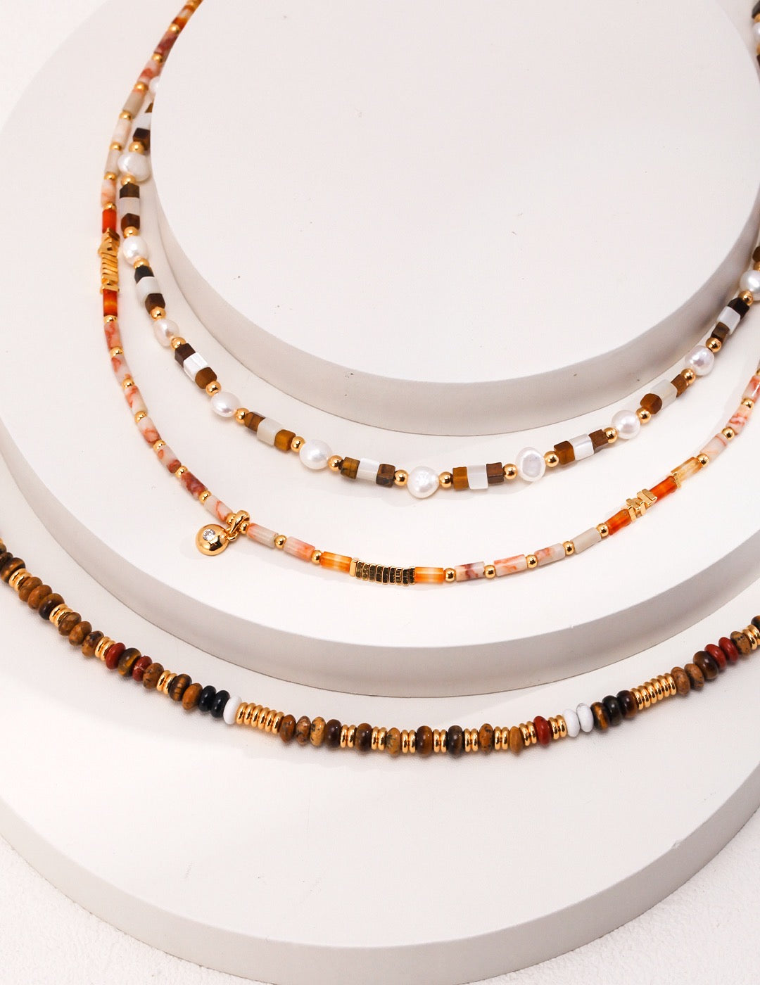 Pearl and Tiger Eye Beaded Necklace in 18K Gold Plated