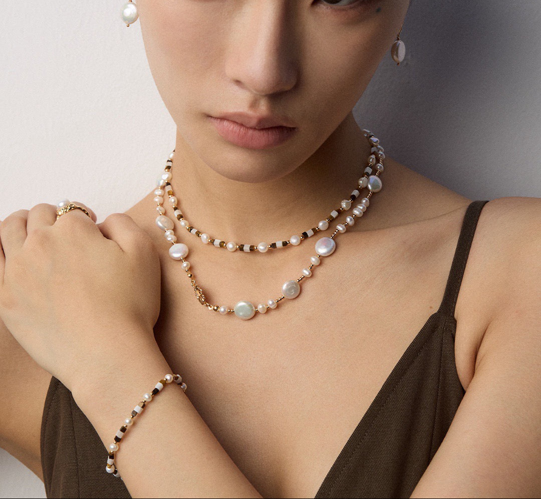 Pearl and Tiger Eye Beaded Necklace in 18K Gold Plated