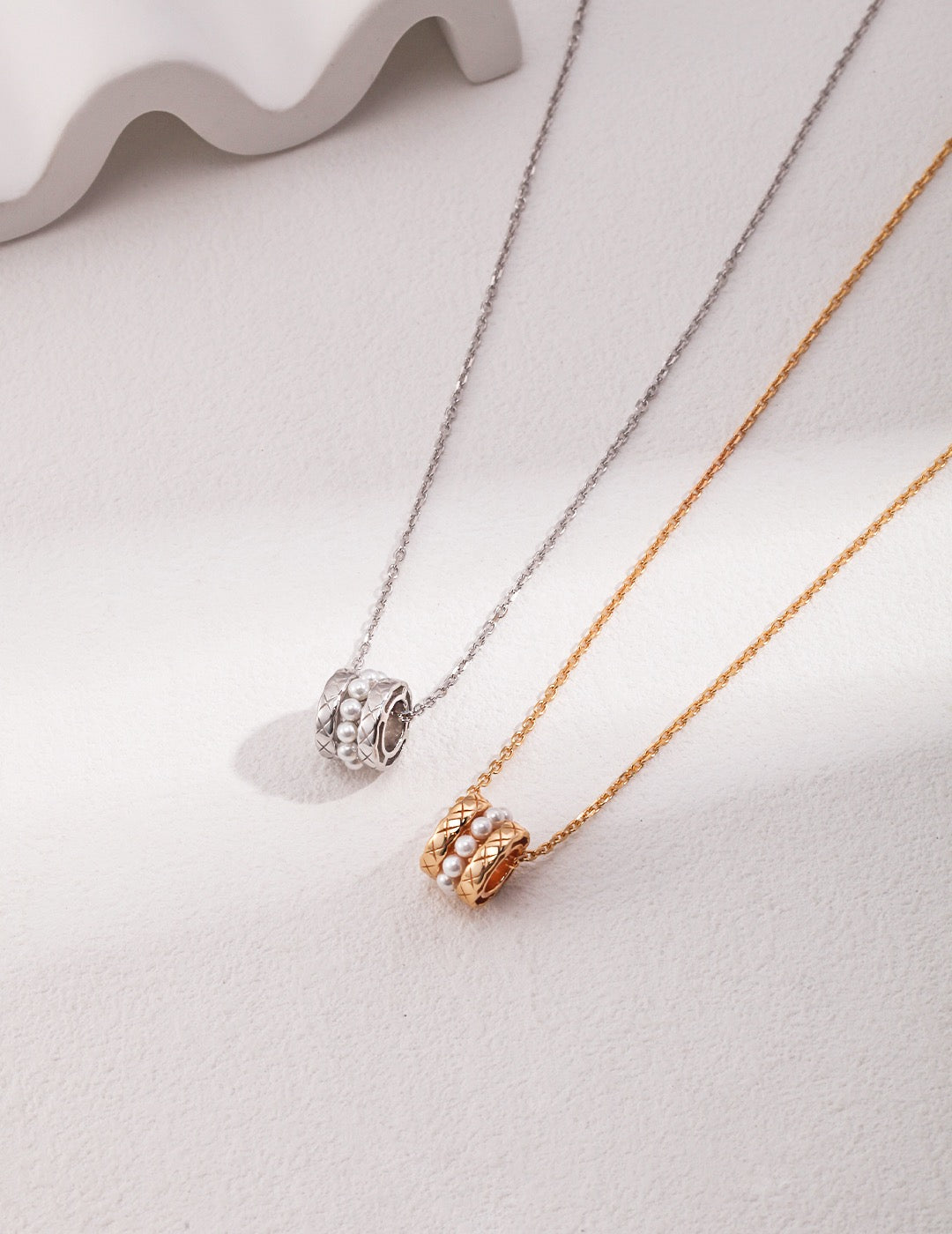 Pearl Pendant Silver Necklace with Layered Bead Detail