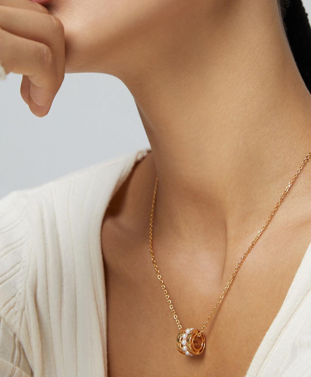 Pearl Pendant Silver Necklace with Layered Bead Detail