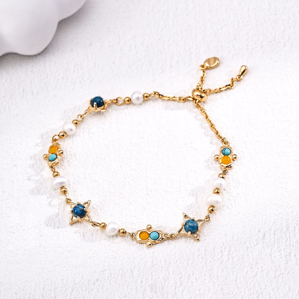 Pearl and Turquoise Silver Bracelet with Colorful Stone Details