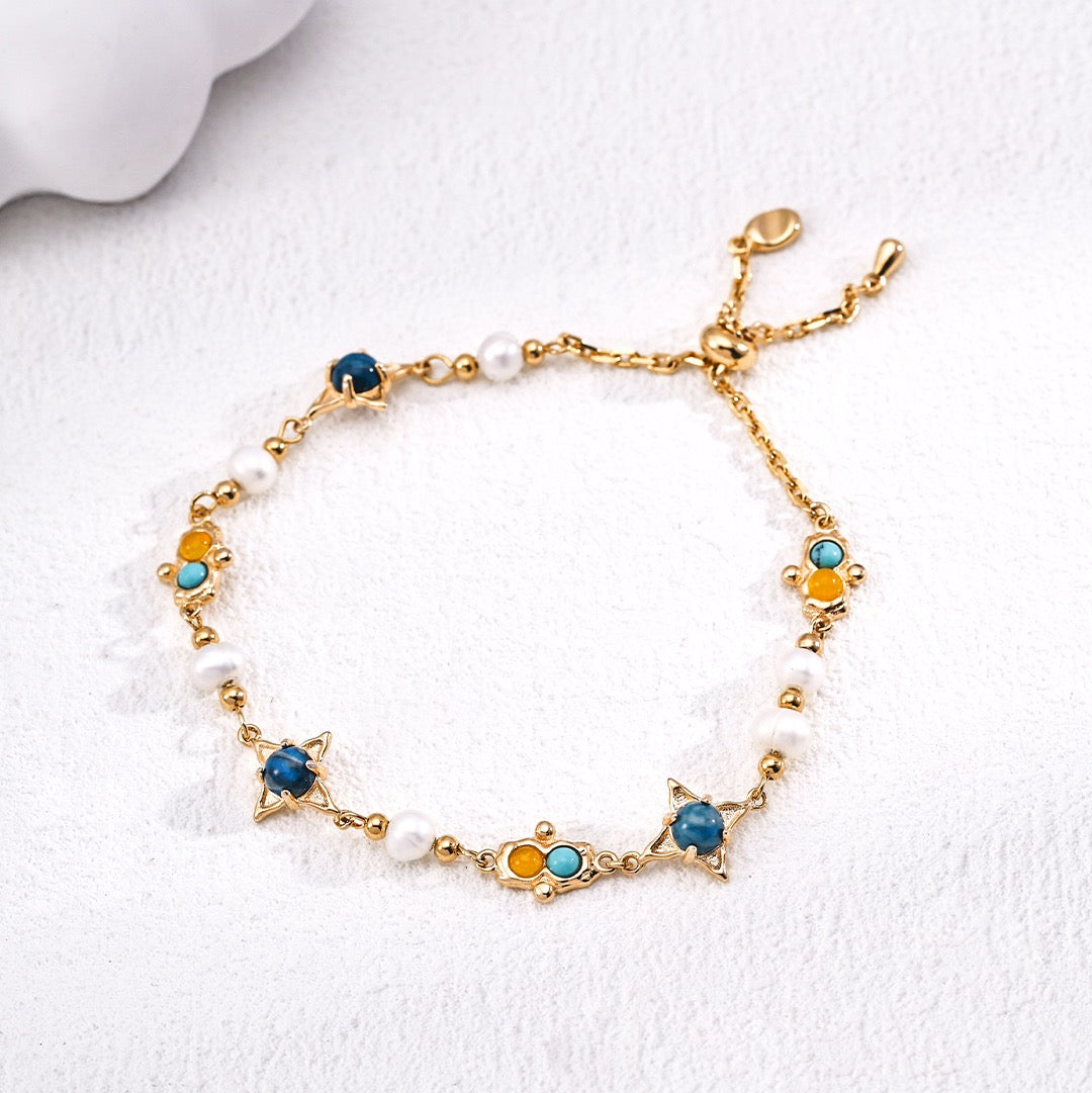 Pearl and Turquoise Silver Bracelet with Colorful Stone Details