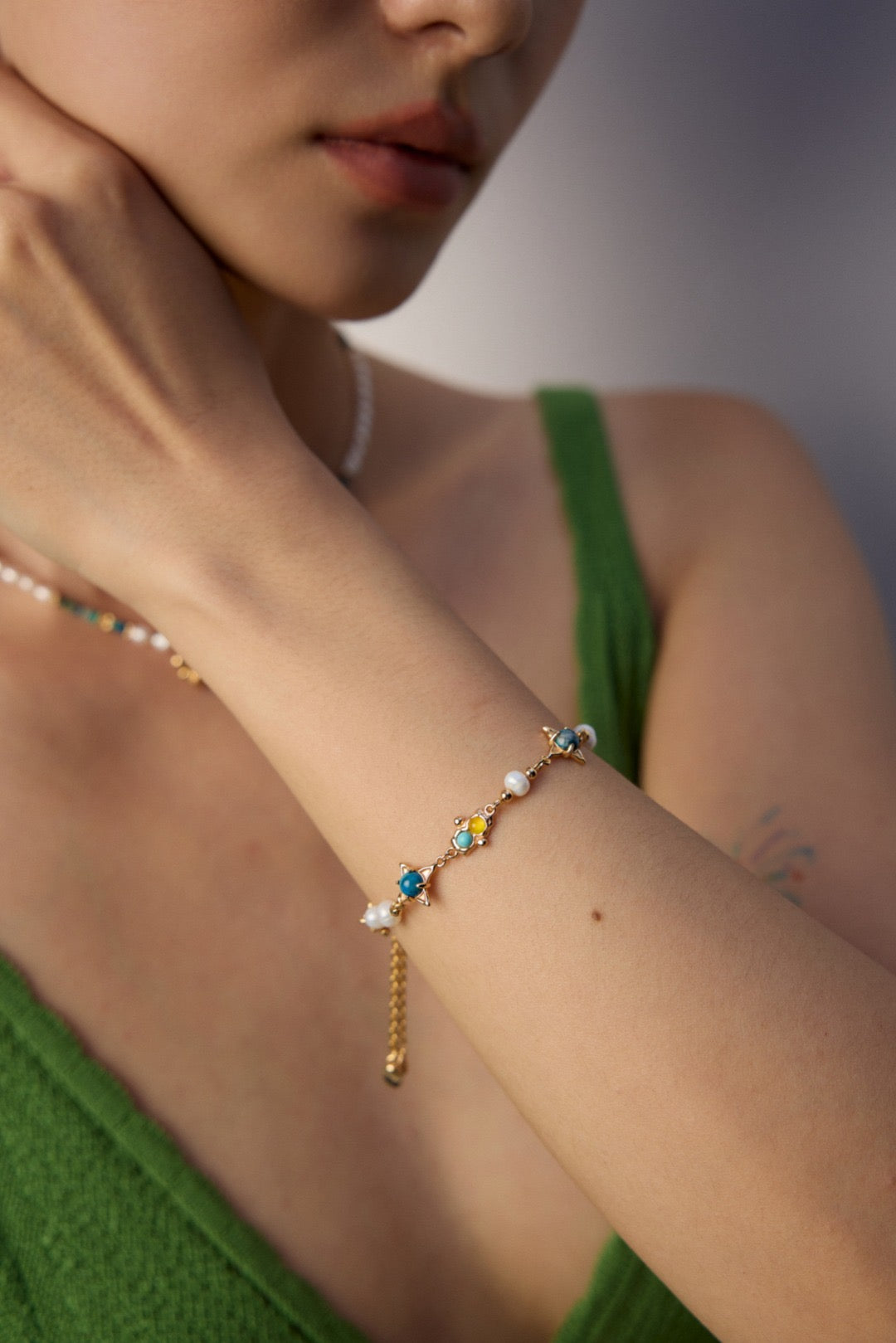 Pearl and Turquoise Silver Bracelet with Colorful Stone Details