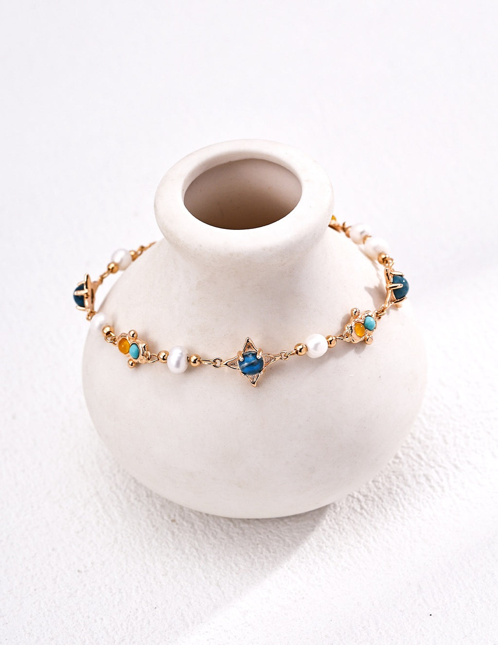 Pearl and Turquoise Silver Bracelet with Colorful Stone Details
