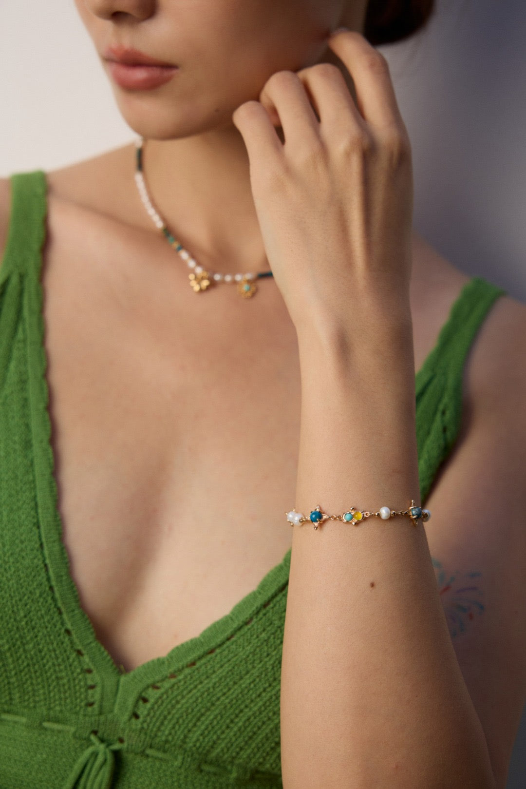 Pearl and Turquoise Silver Bracelet with Colorful Stone Details