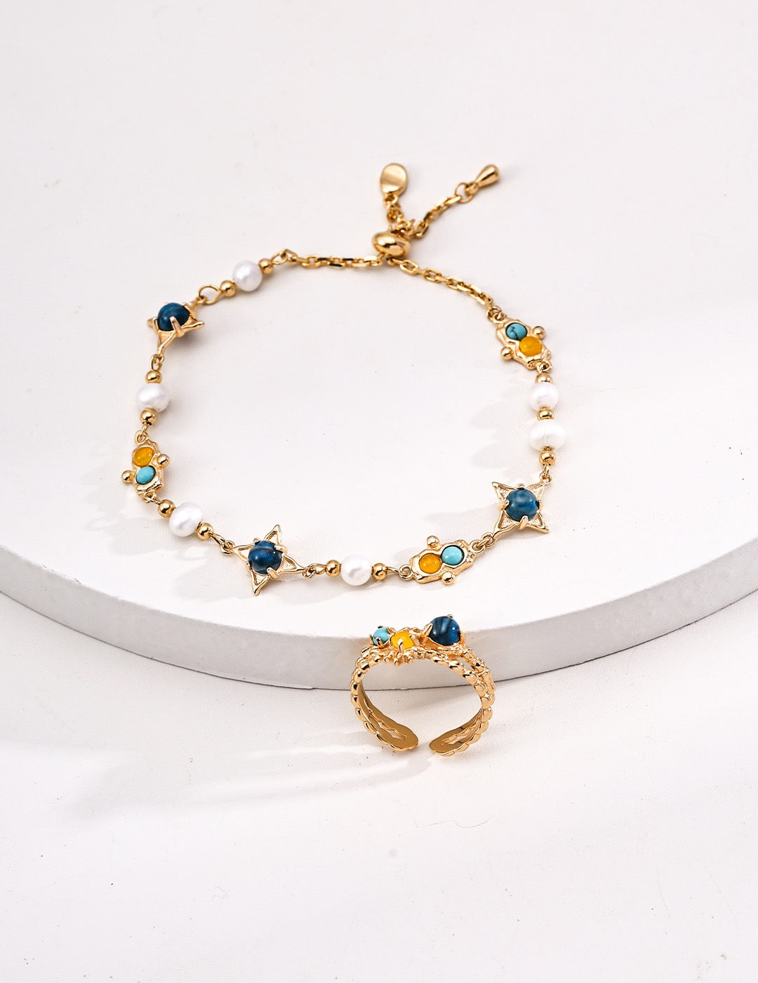 Pearl and Turquoise Silver Bracelet with Colorful Stone Details