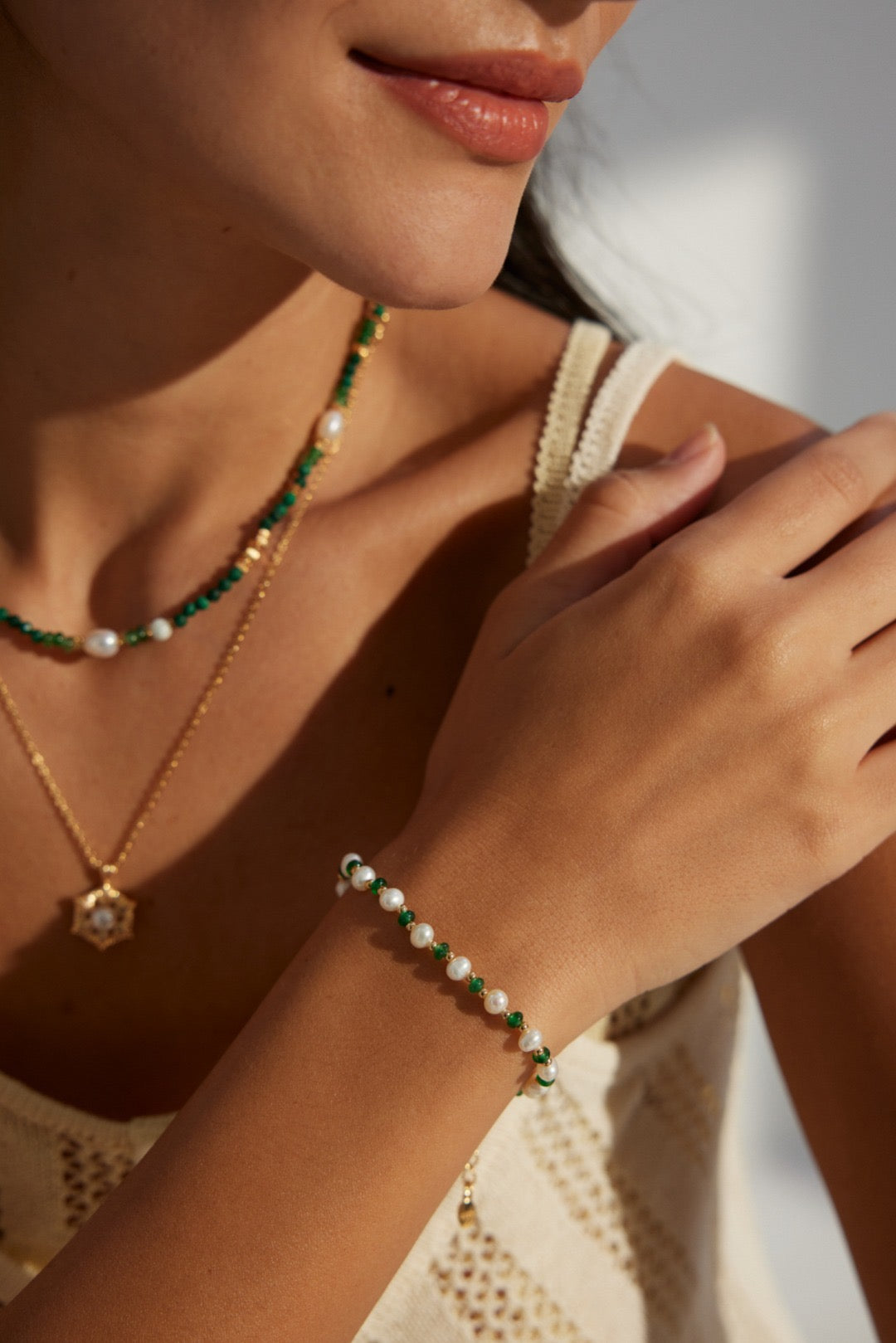 Pearl and Emerald Green Beaded Silver Bracelet