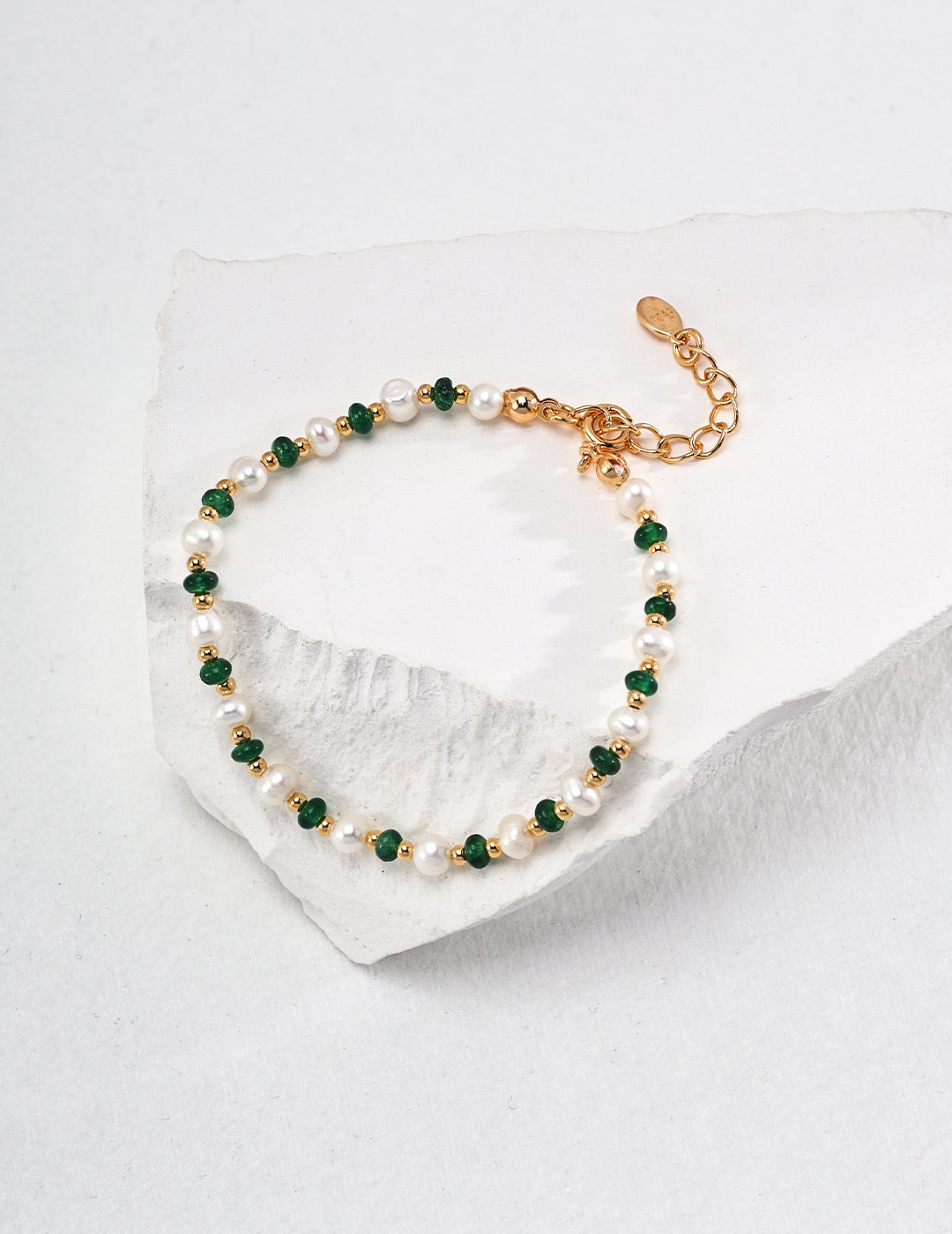 Pearl and Emerald Green Beaded Silver Bracelet