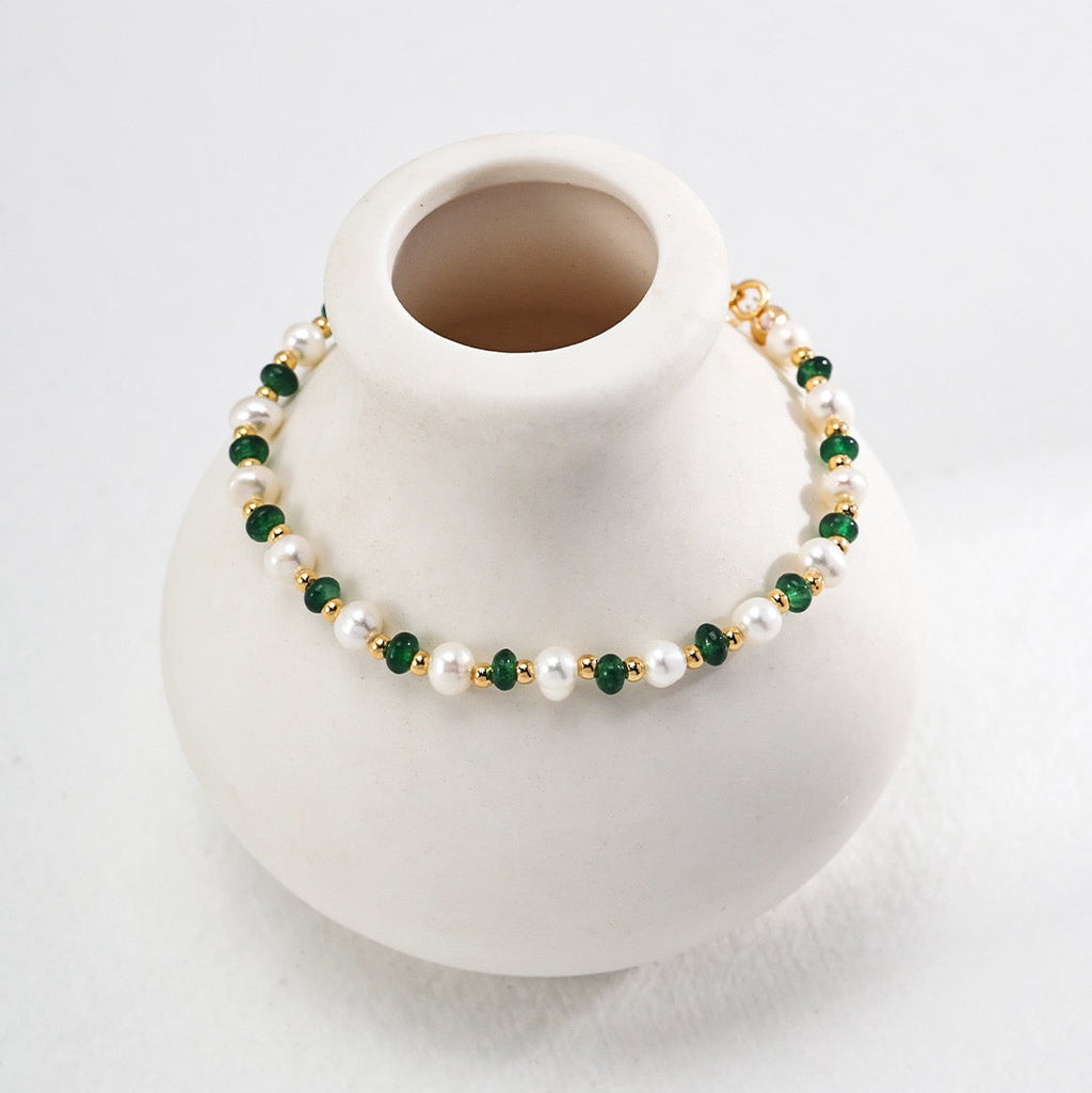 Pearl and Emerald Green Beaded Silver Bracelet