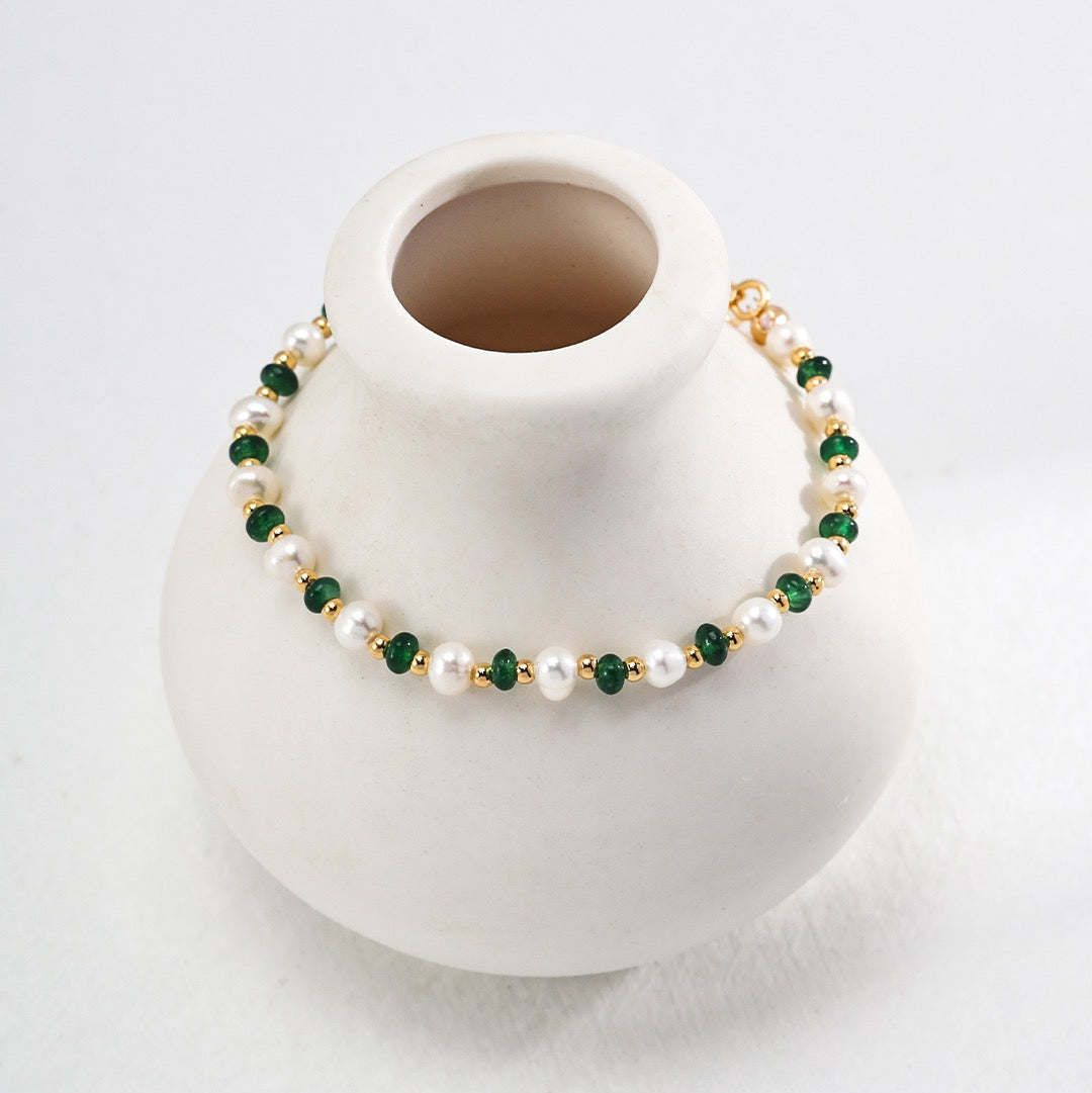 Pearl and Emerald Green Beaded Silver Bracelet