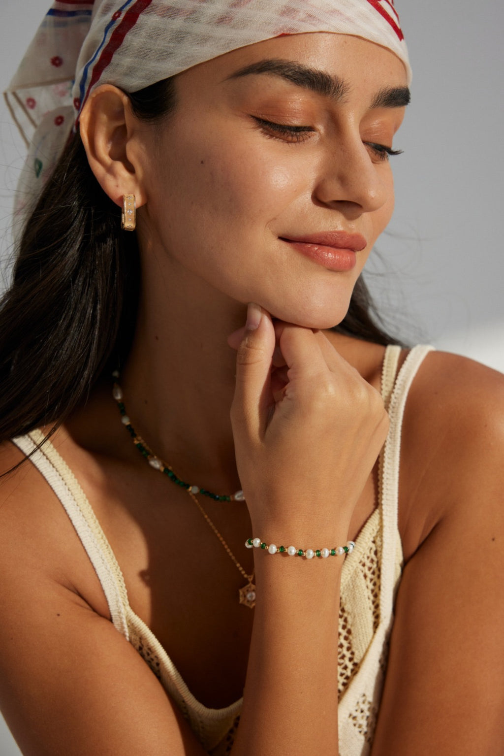 Pearl and Emerald Green Beaded Silver Bracelet