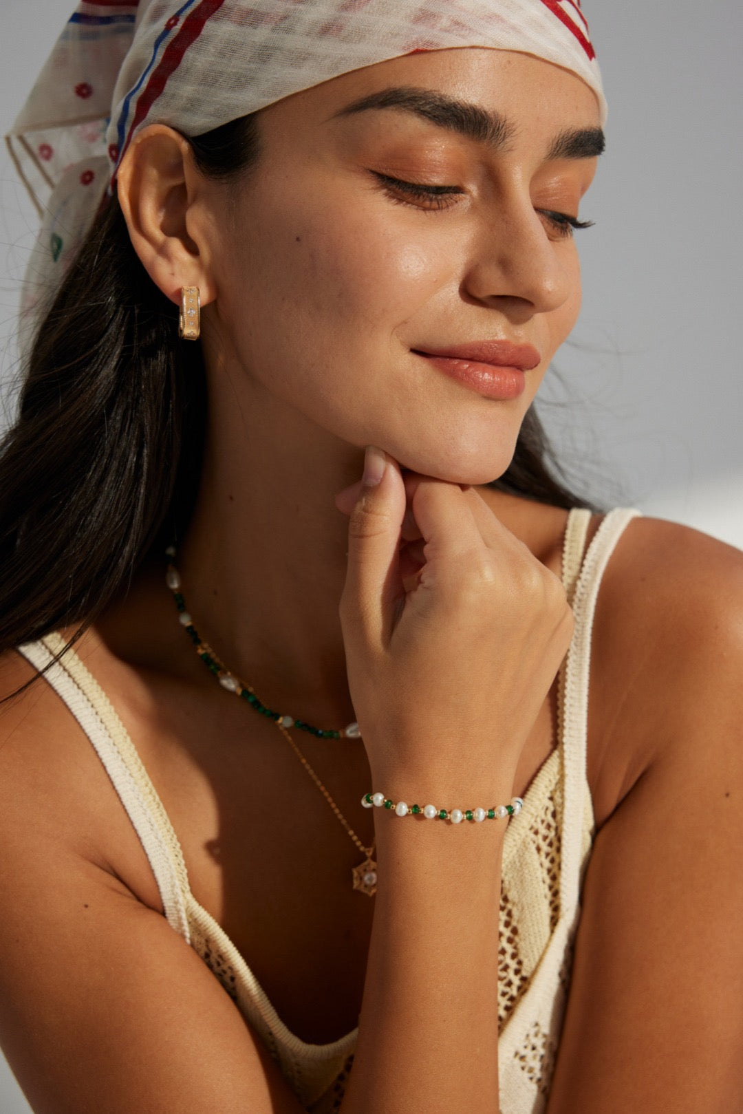 Pearl and Emerald Green Beaded Silver Bracelet