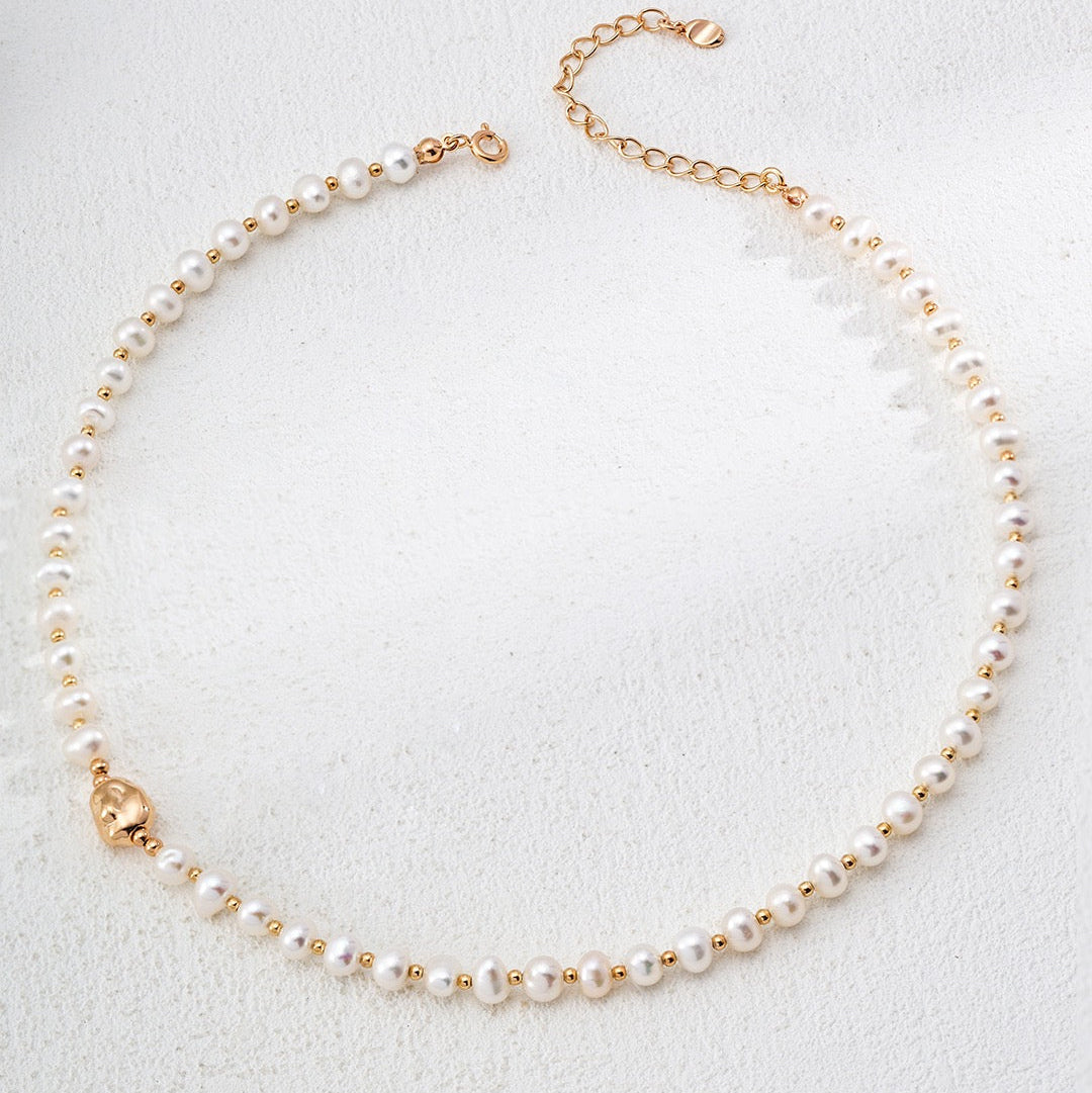 Natural Pearl Beaded Silver Necklace with Gold Accent Detail