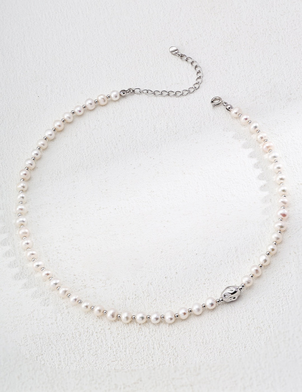 Natural Pearl Beaded Silver Necklace with Gold Accent Detail