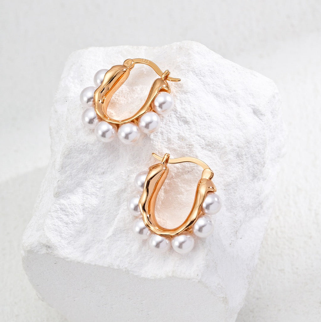 Pearl Hoop Silver Earrings with Sculpted Frame Design