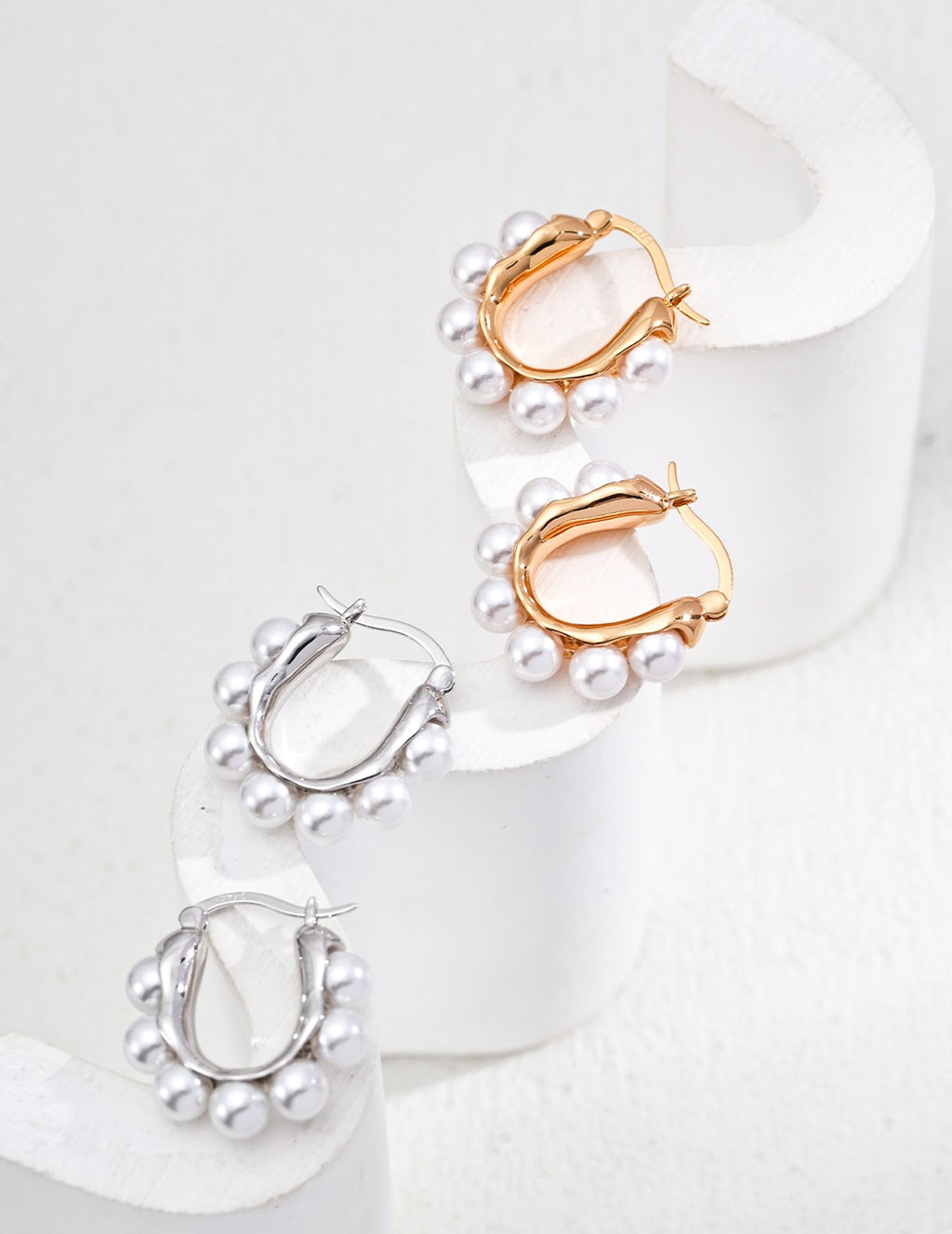 Pearl Hoop Silver Earrings with Sculpted Frame Design