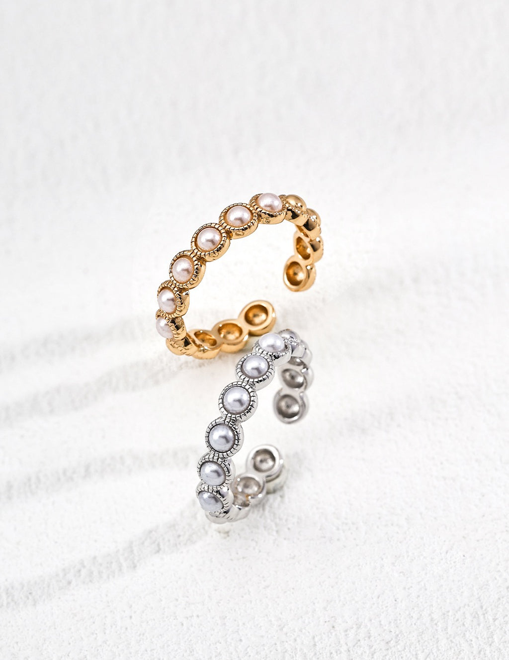Vintage Pearl Silver Ring with Textured Beaded Band