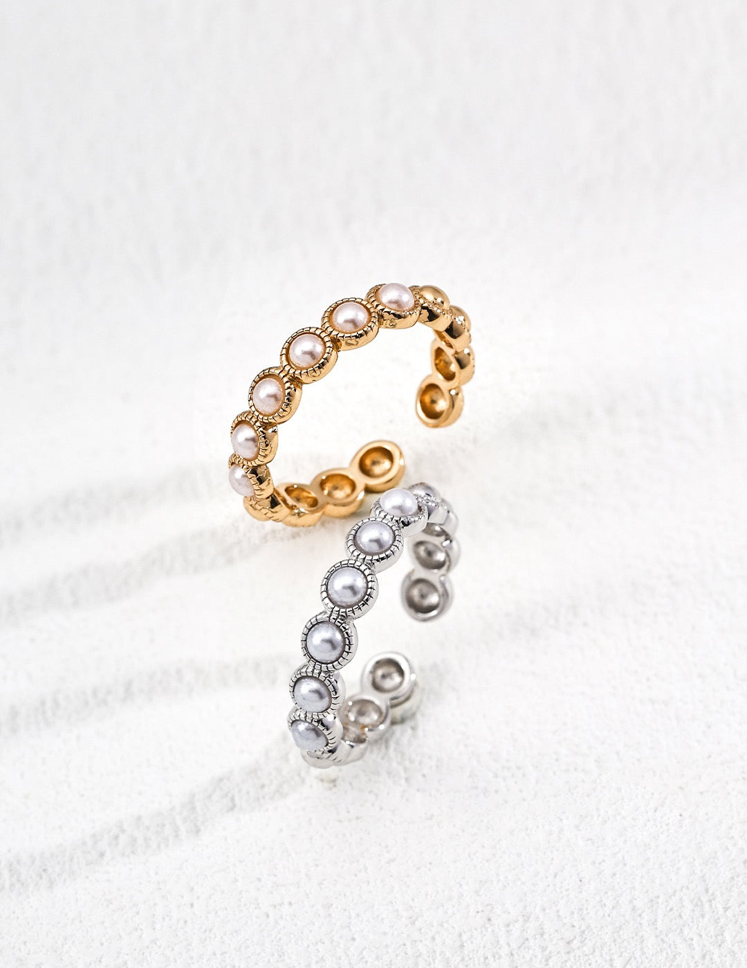 Vintage Pearl Silver Ring with Textured Beaded Band