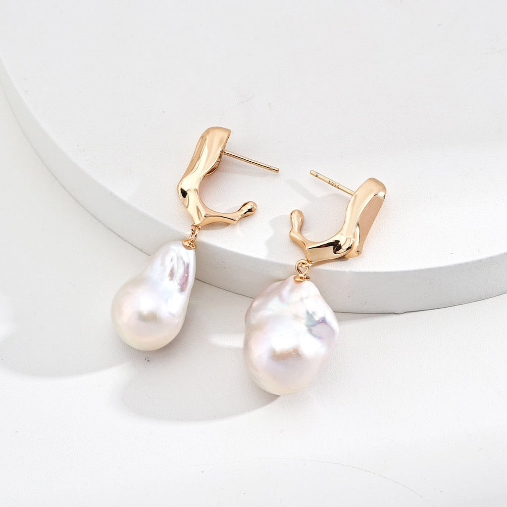 Vintage Baroque Pearl Silver Drop Earrings with Sculptural Metal Detail