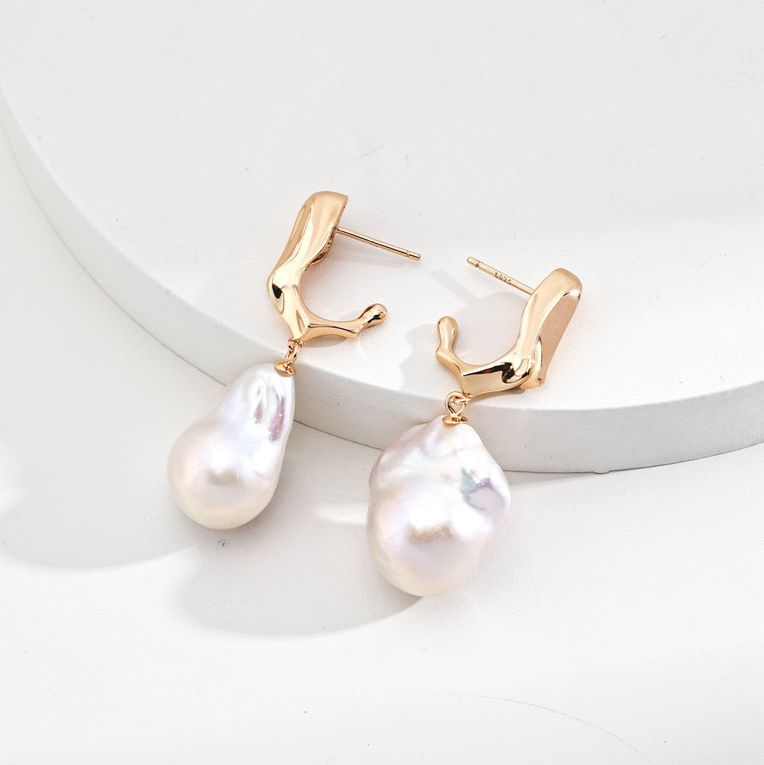 Vintage Baroque Pearl Silver Drop Earrings with Sculptural Metal Detail