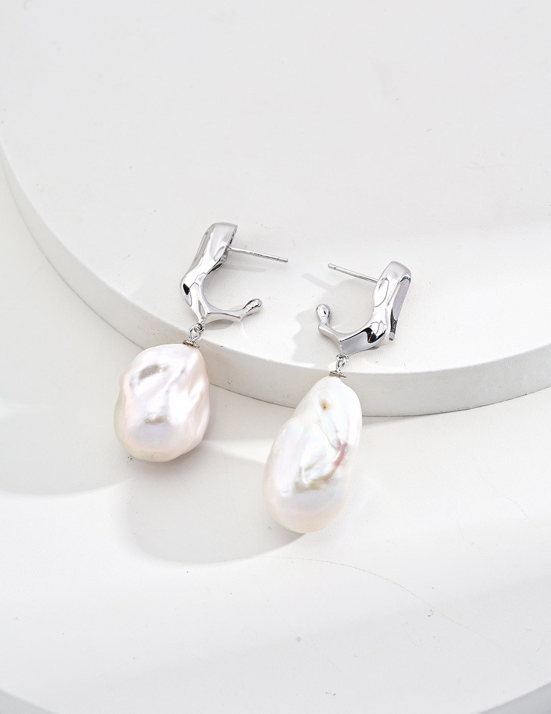 Vintage Baroque Pearl Silver Drop Earrings with Sculptural Metal Detail