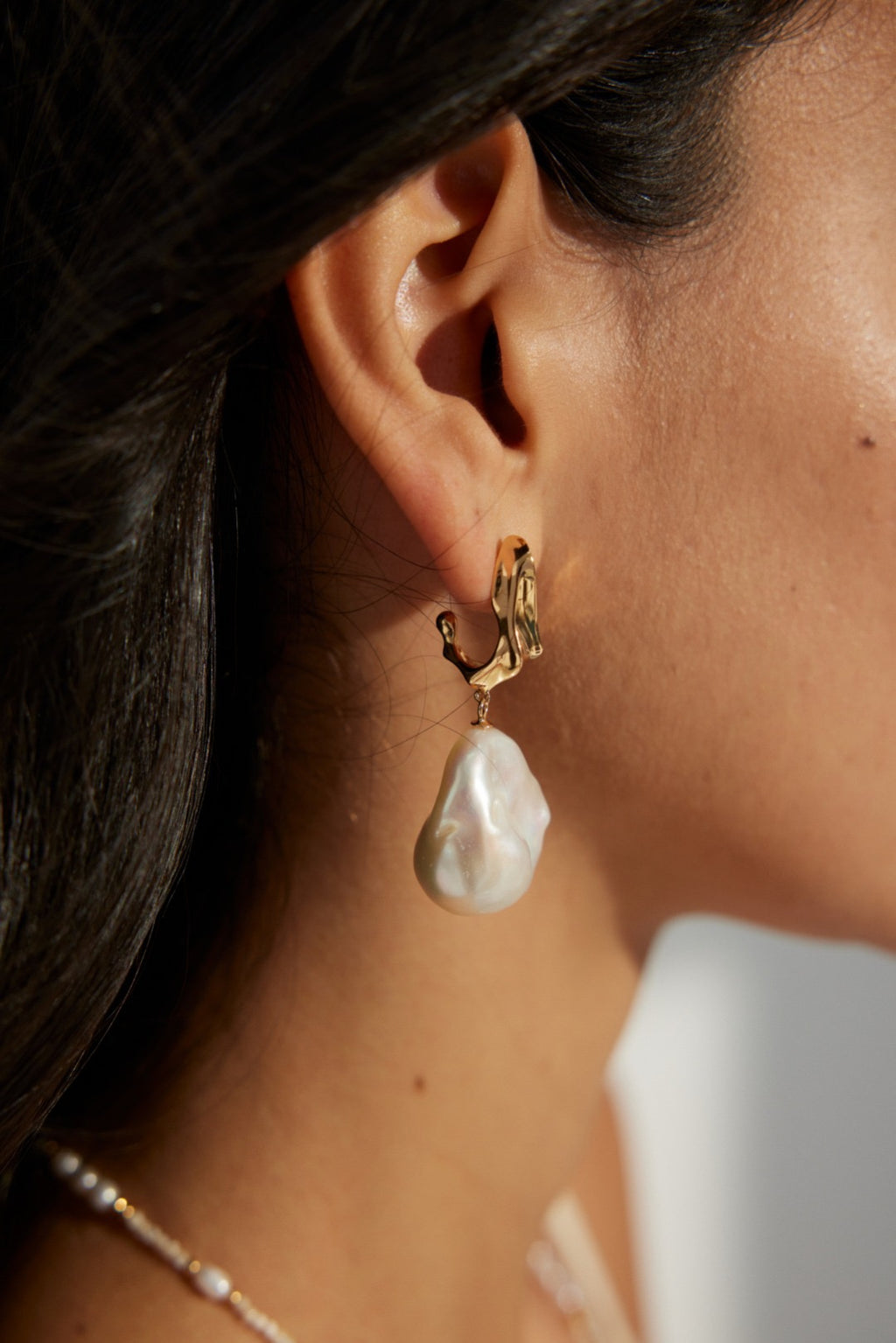 Vintage Baroque Pearl Silver Drop Earrings with Sculptural Metal Detail