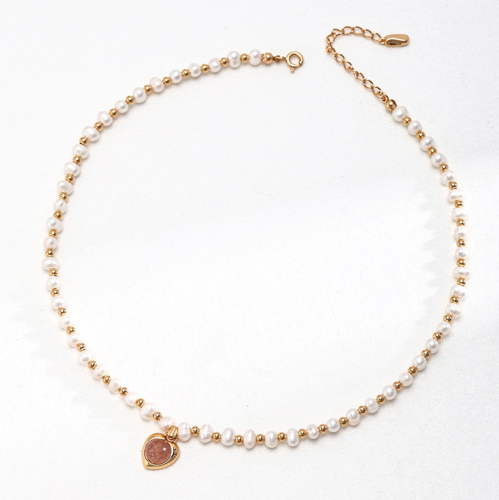 Vintage Pearl Silver Heart Pendant Necklace with Strawberry Quartz Charm
