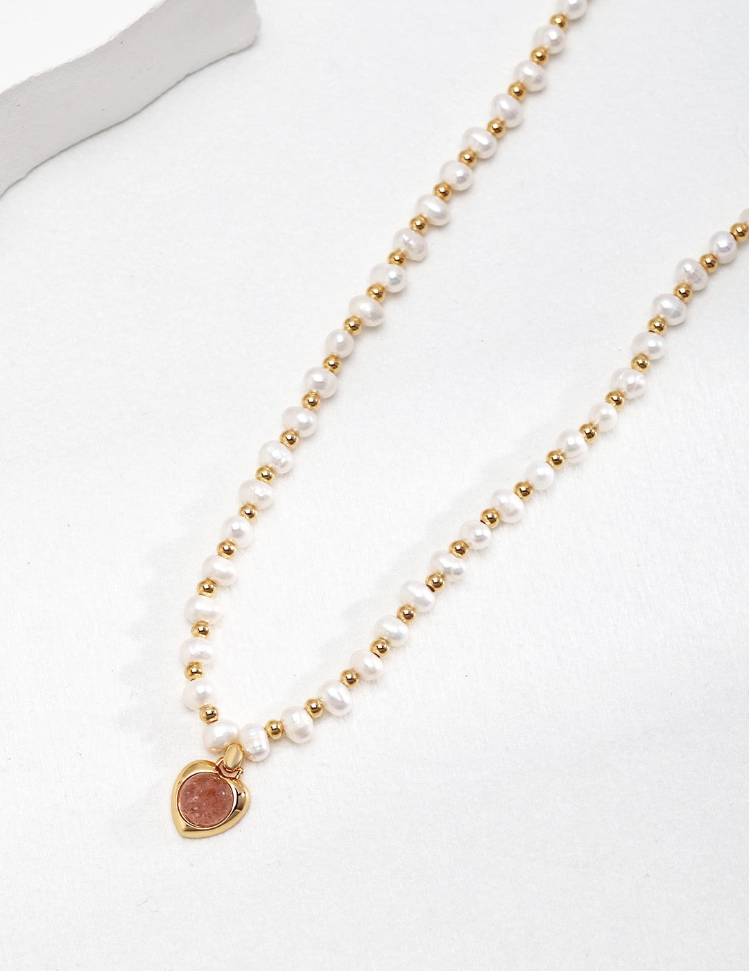 Vintage Pearl Silver Heart Pendant Necklace with Strawberry Quartz Charm