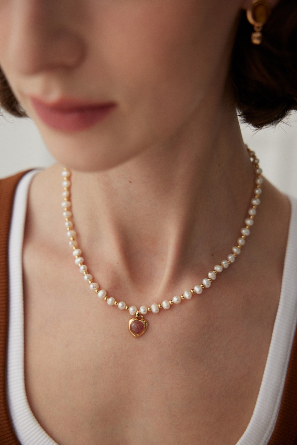Vintage Pearl Silver Heart Pendant Necklace with Strawberry Quartz Charm