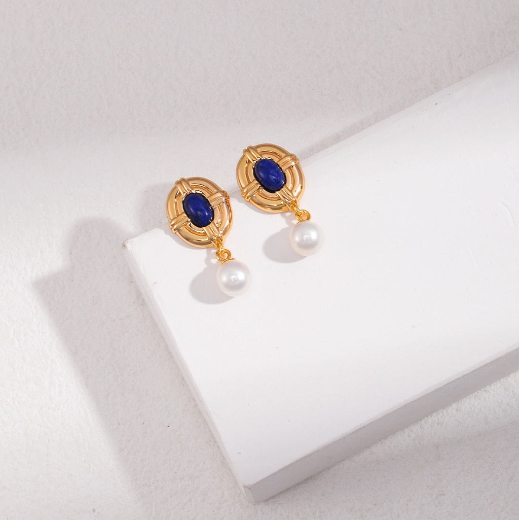 Vintage Lapis Pearl Silver Drop Earrings with Oval Stone Detail
