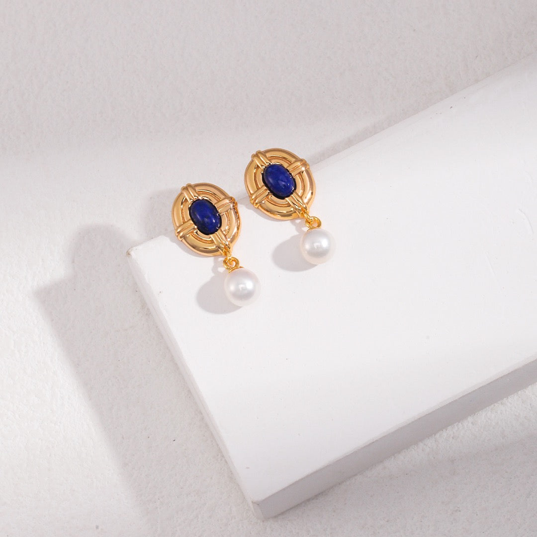 Vintage Lapis Pearl Silver Drop Earrings with Oval Stone Detail