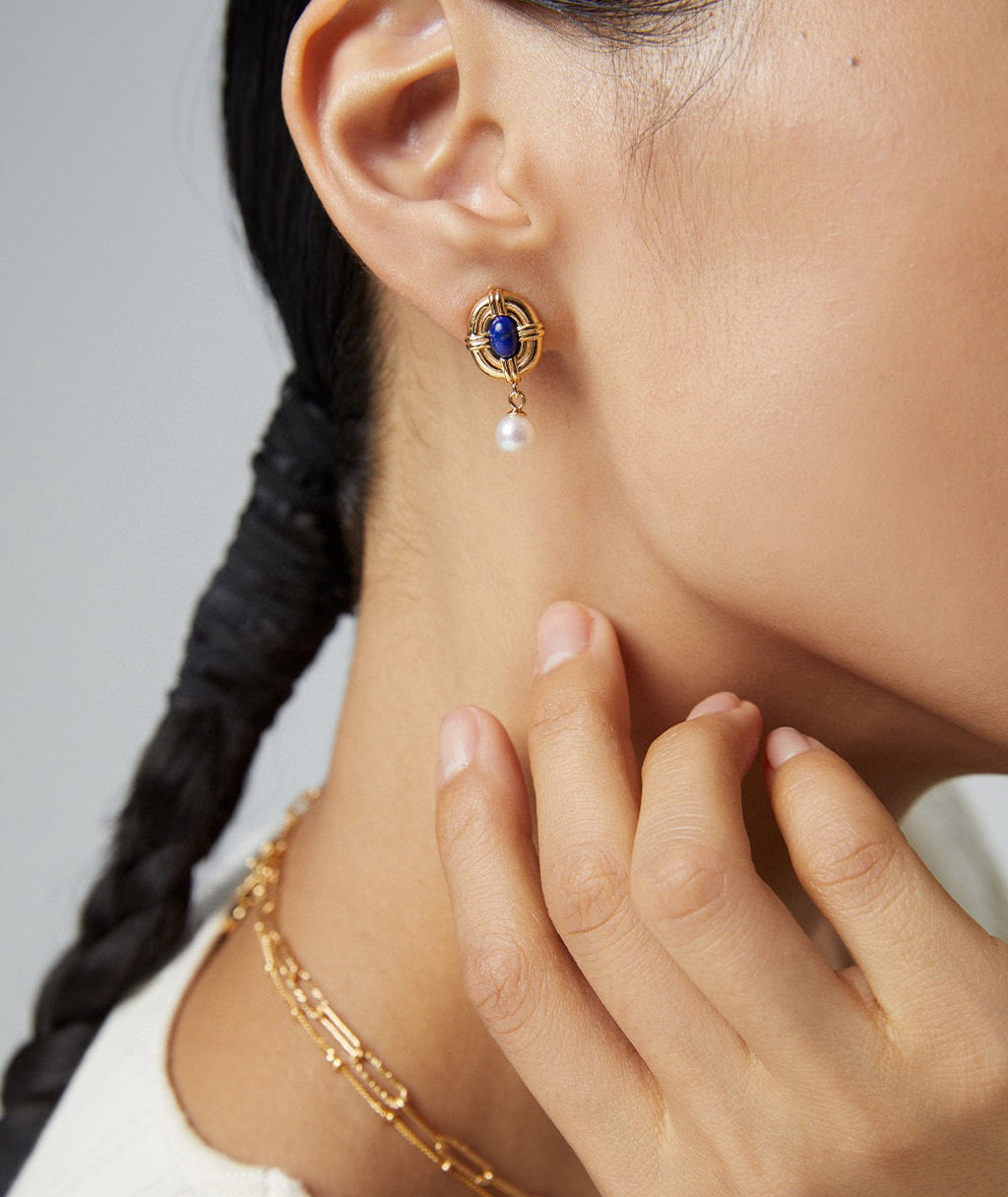 Vintage Lapis Pearl Silver Drop Earrings with Oval Stone Detail