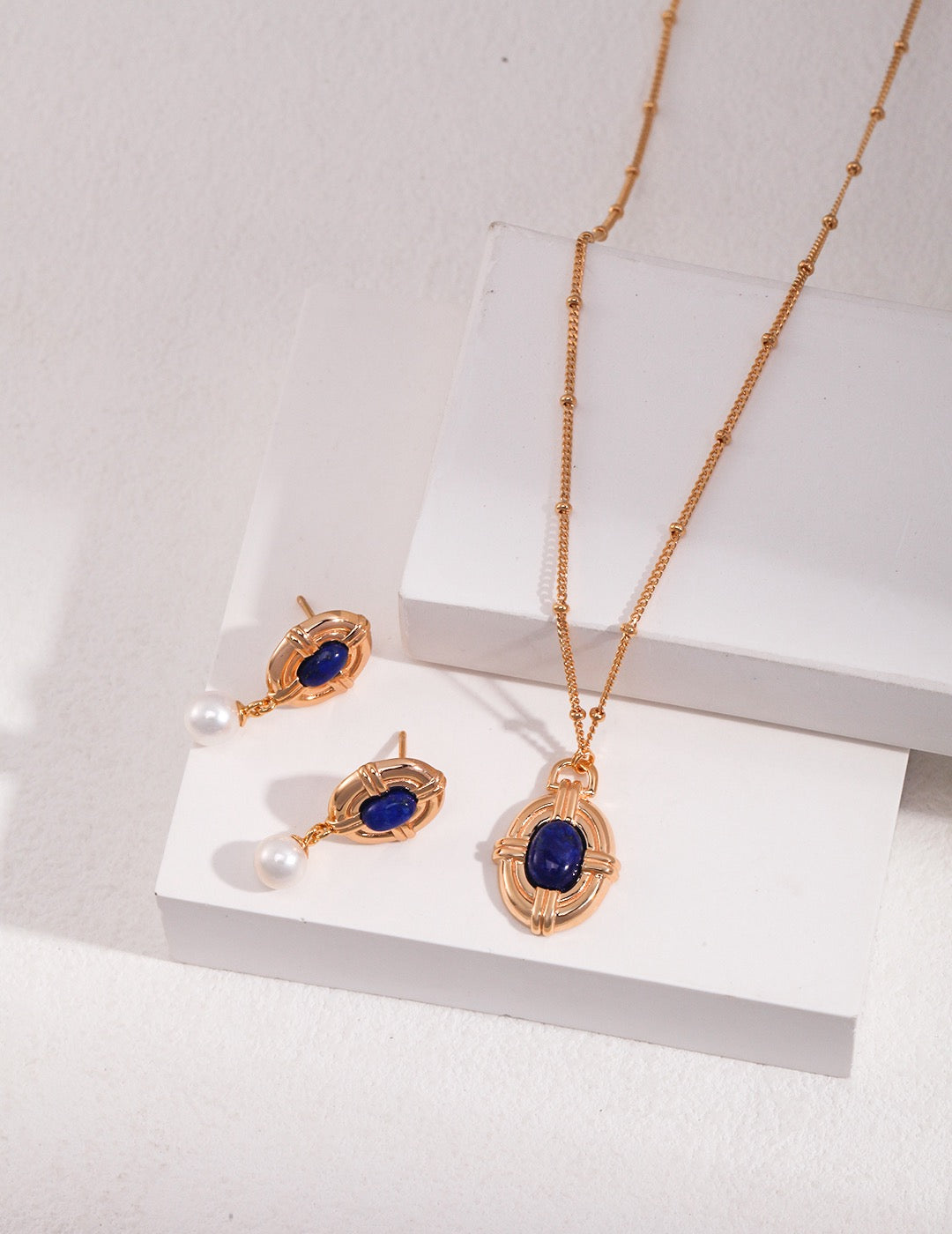 Vintage Lapis Pearl Silver Drop Earrings with Oval Stone Detail