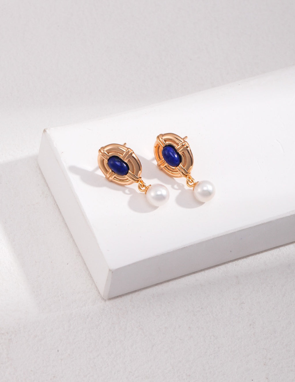 Vintage Lapis Pearl Silver Drop Earrings with Oval Stone Detail