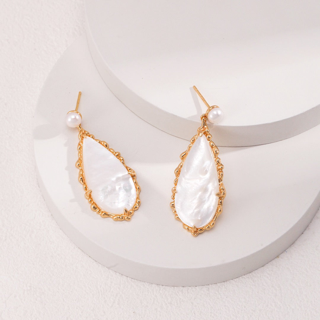 Shell Pearl Silver Drop Earrings with Organic Teardrop Design