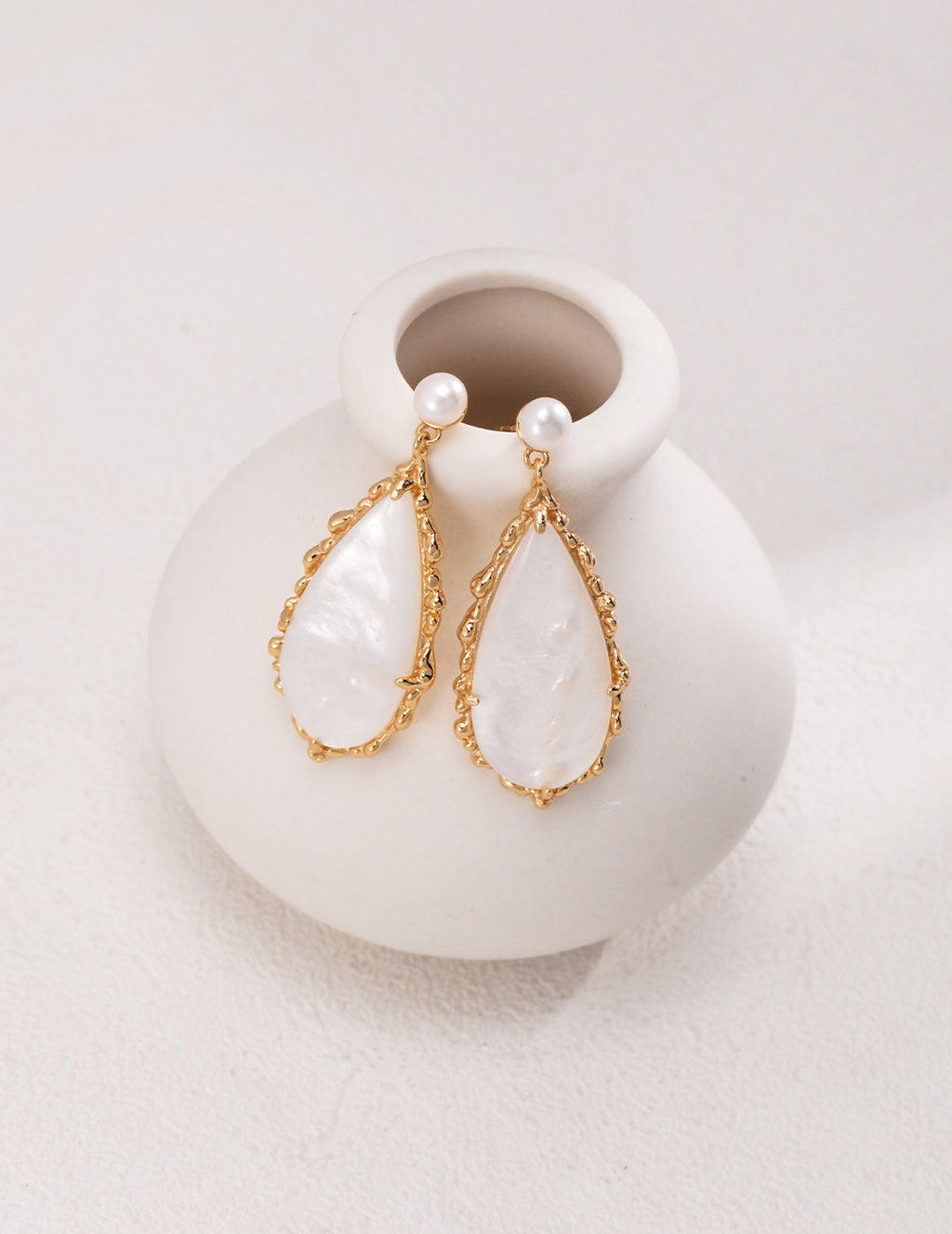 Shell Pearl Silver Drop Earrings with Organic Teardrop Design
