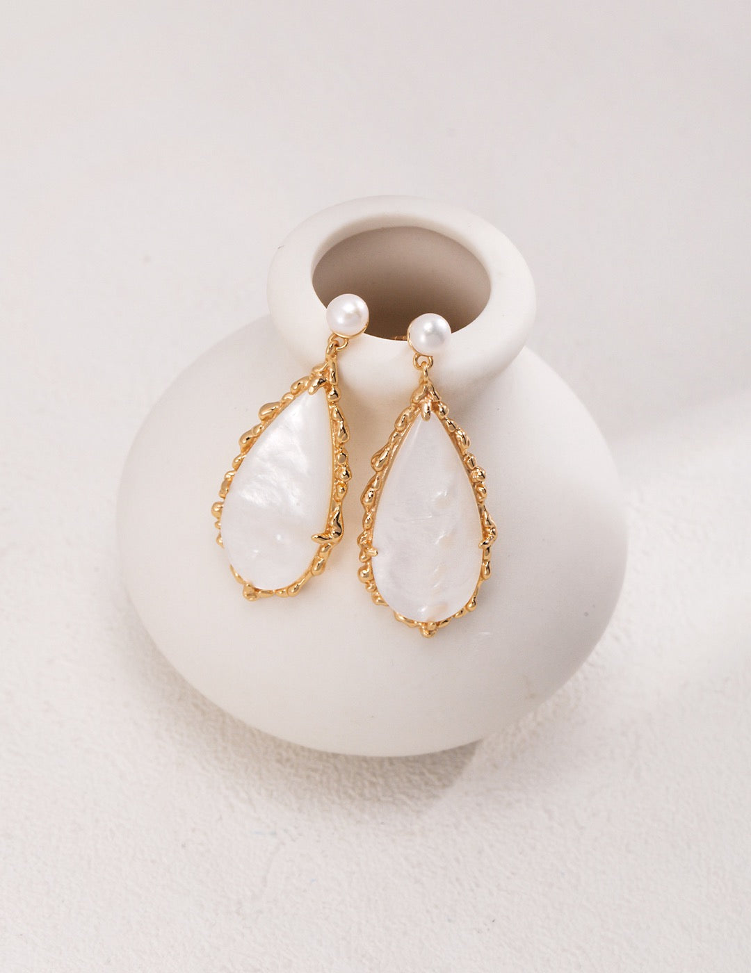 Shell Pearl Silver Drop Earrings with Organic Teardrop Design