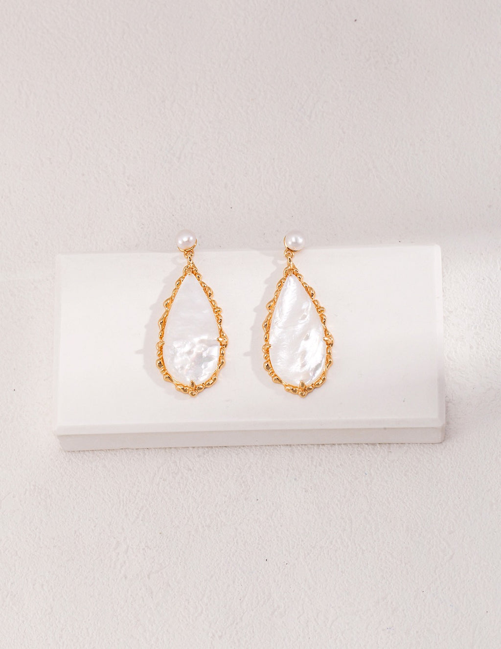 Shell Pearl Silver Drop Earrings with Organic Teardrop Design