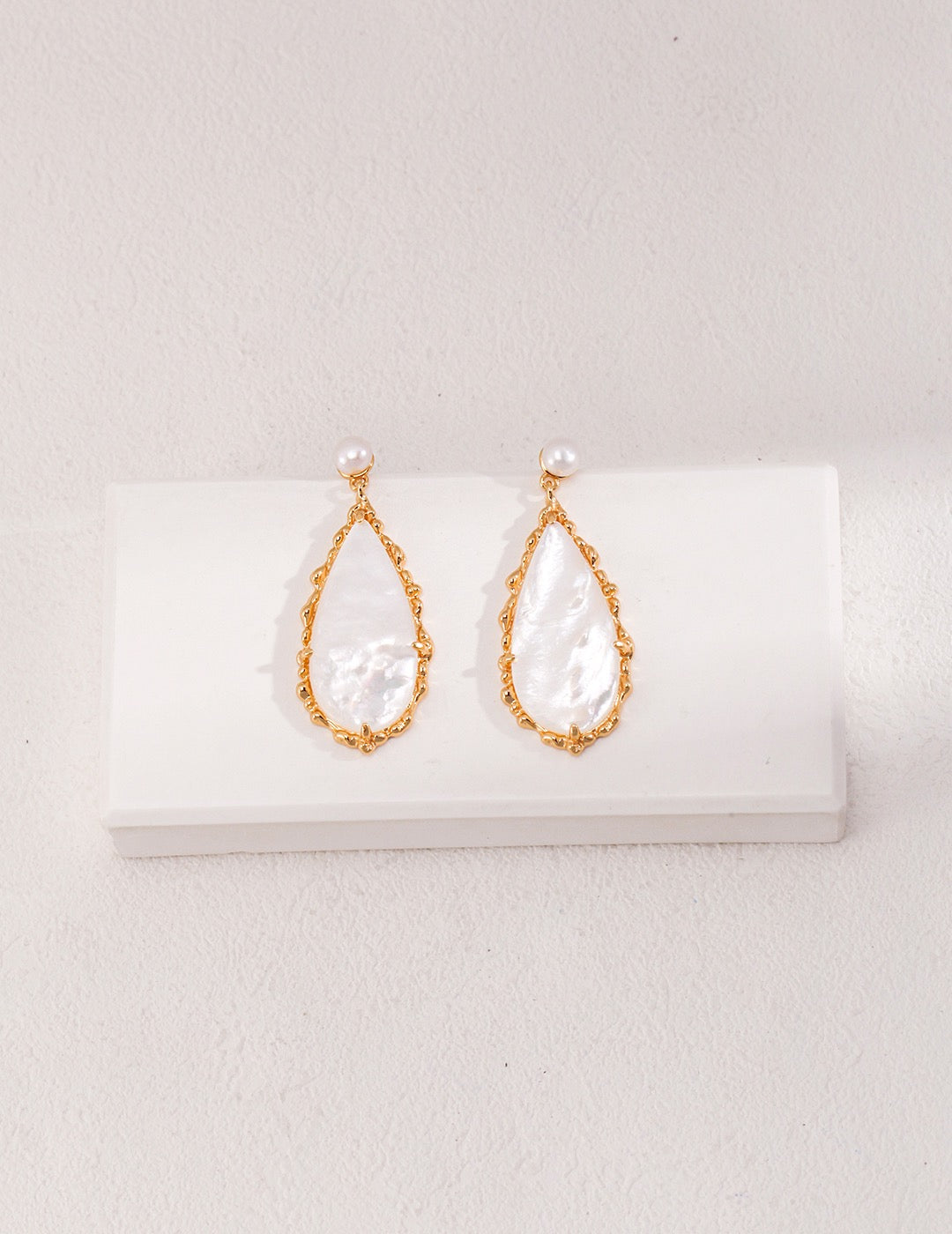 Shell Pearl Silver Drop Earrings with Organic Teardrop Design