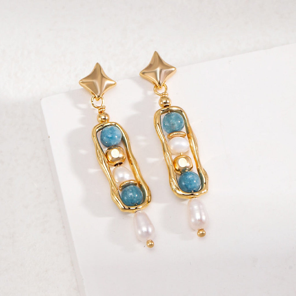 Amazonite Pearl Silver Drop Earrings with Sculptural Gold Frame