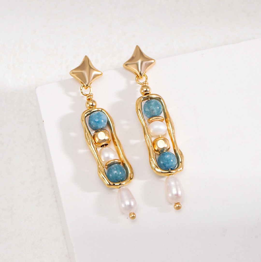 Amazonite Pearl Silver Drop Earrings with Sculptural Gold Frame