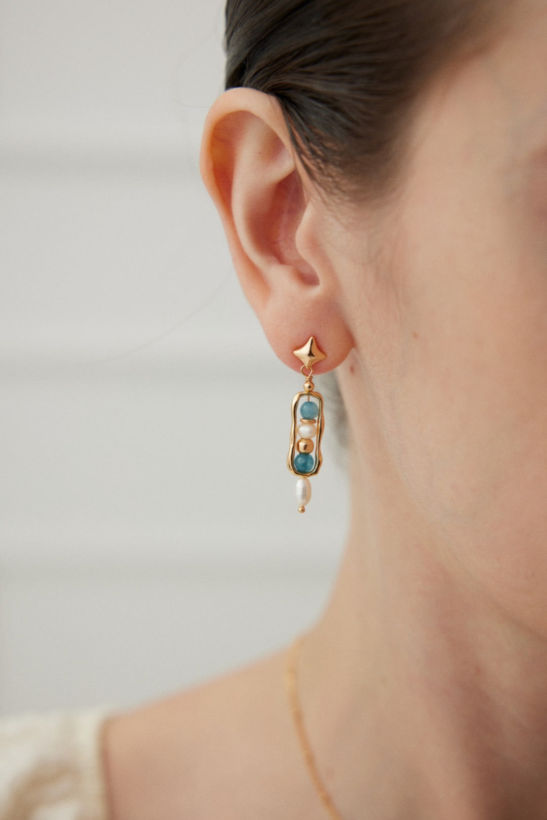 Amazonite Pearl Silver Drop Earrings with Sculptural Gold Frame